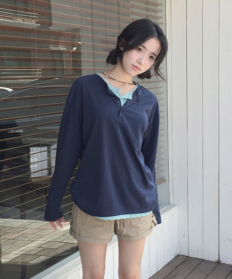 ヘンリーネックルーズ長袖Tシャツ(8color) NAVY