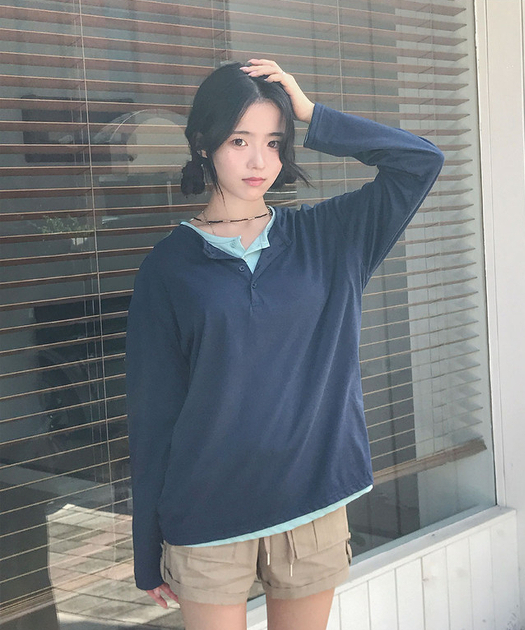 ヘンリーネックルーズ長袖Tシャツ(8color) NAVY