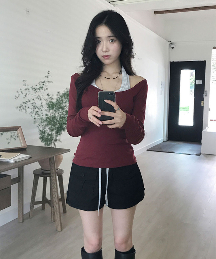 팰리 보트넥 슬림 긴팔 티셔츠 여름긴팔 버건디