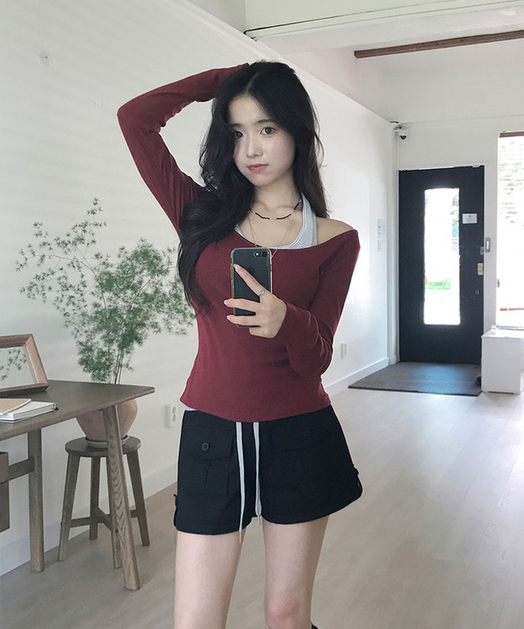 팰리 보트넥 슬림 긴팔 티셔츠 여름긴팔 버건디
