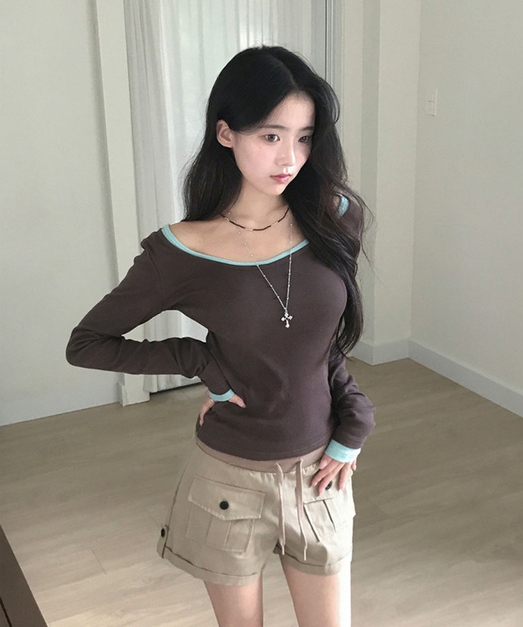 팰리 보트넥 슬림 긴팔 티셔츠 여름긴팔 밤색
