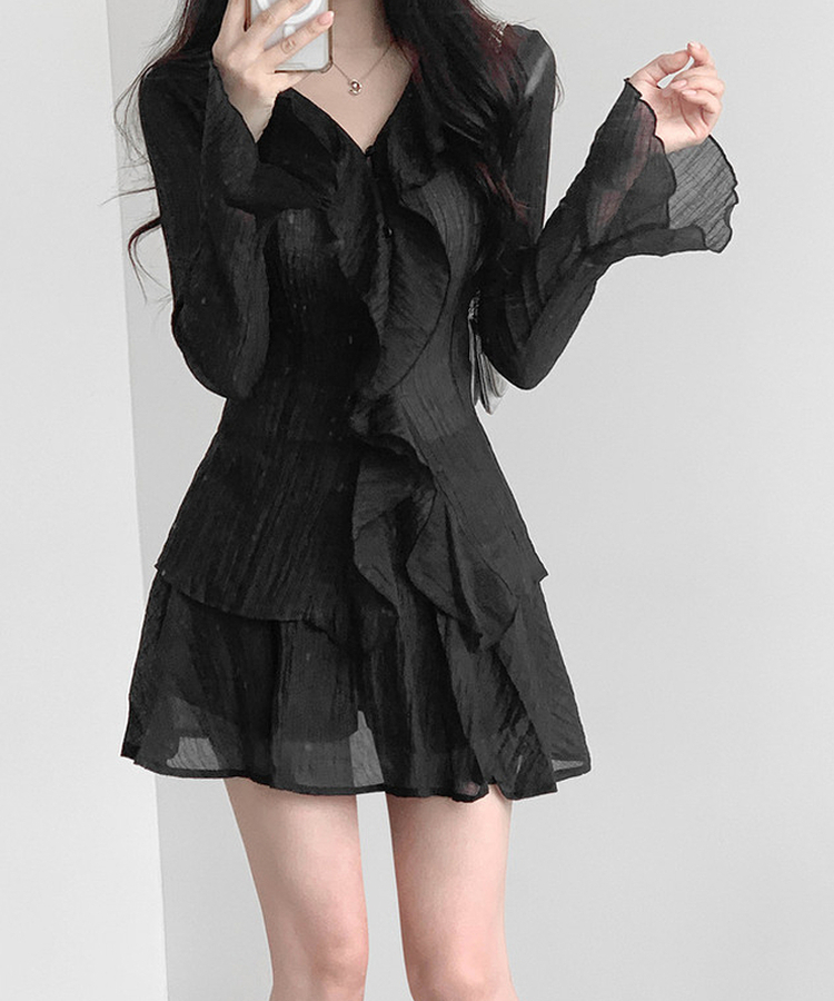 【SET】フリルブラウス フレアミニスカート BLACK