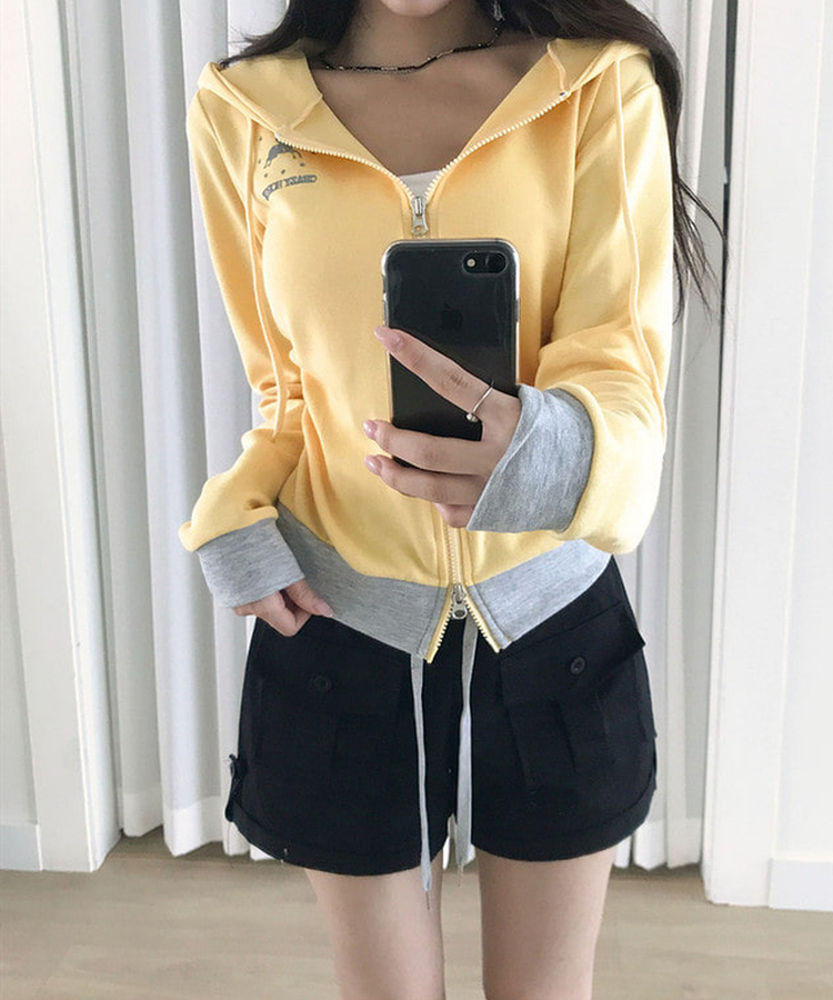 여름후드 로젯 홀스 옆셔링 투웨이지퍼 슬림 배색 후드 집업 옐로우