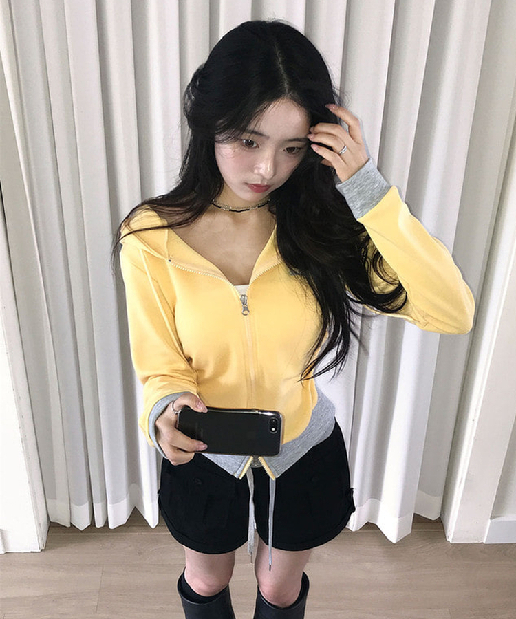 여름후드 로젯 홀스 옆셔링 투웨이지퍼 슬림 배색 후드 집업 옐로우
