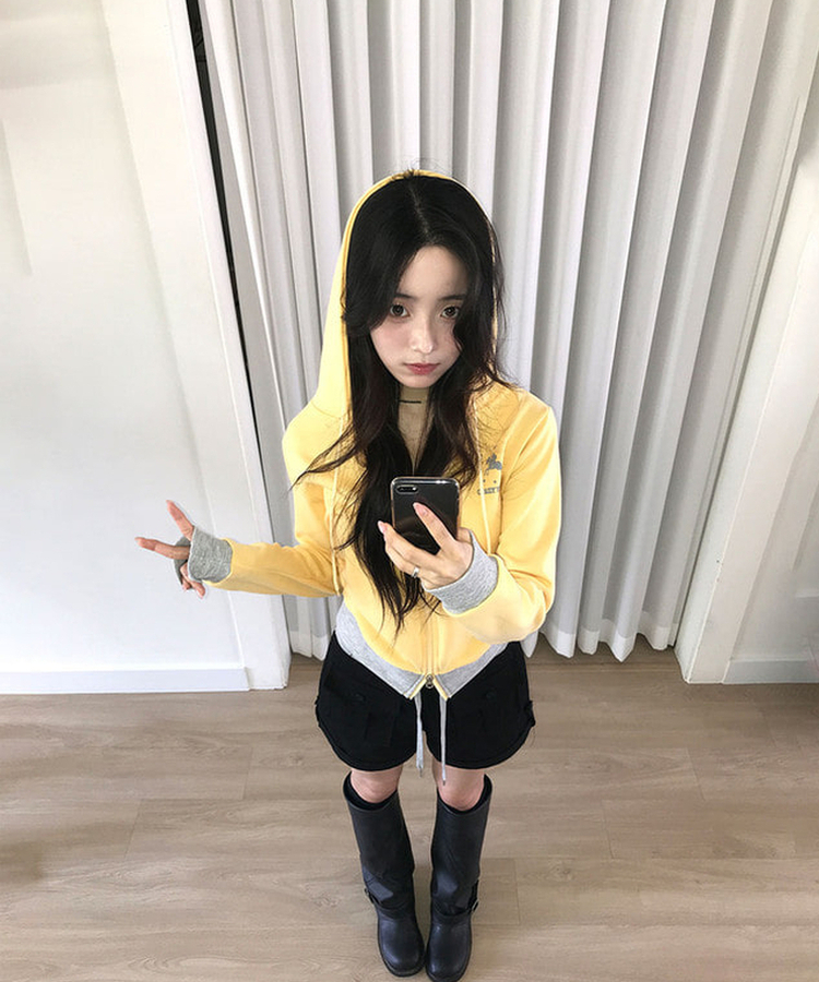 여름후드 로젯 홀스 옆셔링 투웨이지퍼 슬림 배색 후드 집업 옐로우