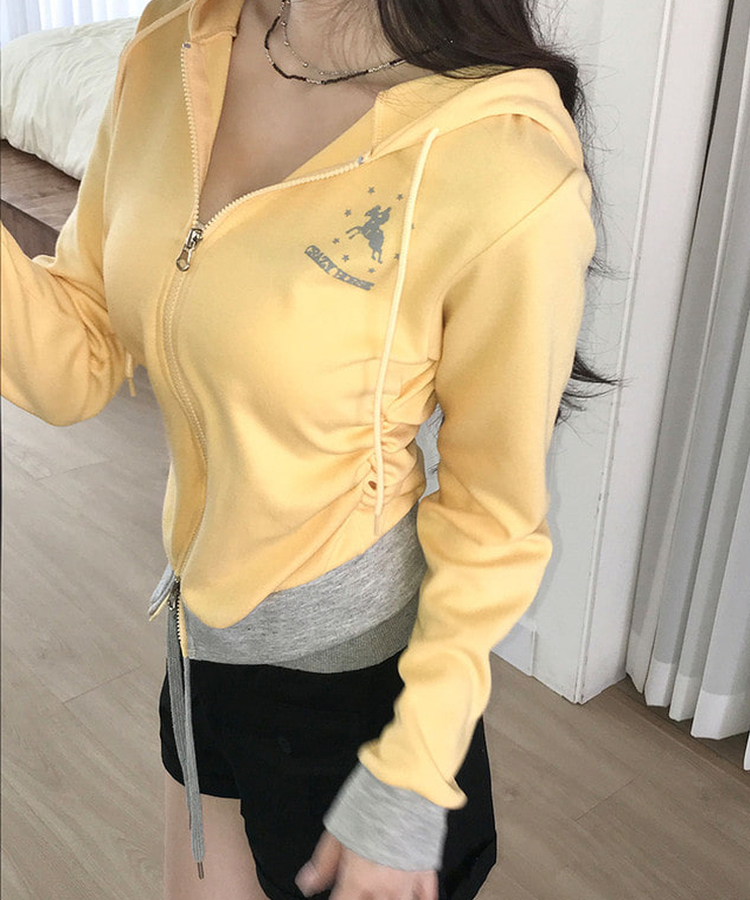 여름후드 로젯 홀스 옆셔링 투웨이지퍼 슬림 배색 후드 집업 옐로우