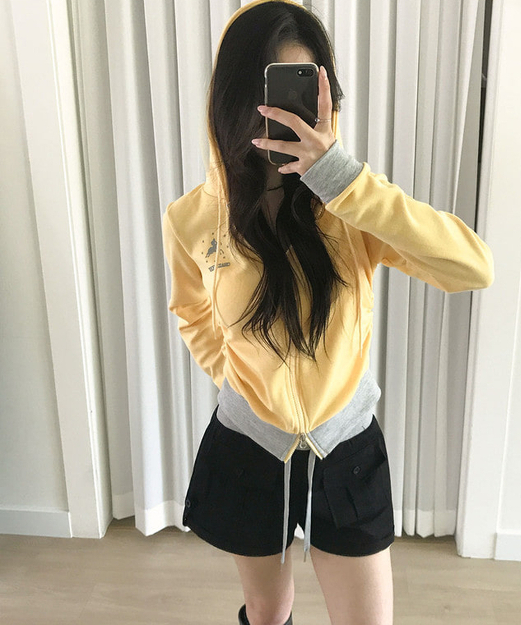 여름후드 로젯 홀스 옆셔링 투웨이지퍼 슬림 배색 후드 집업 옐로우