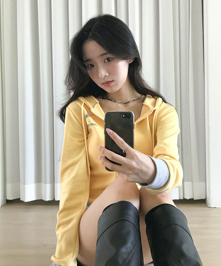 여름후드 로젯 홀스 옆셔링 투웨이지퍼 슬림 배색 후드 집업 옐로우
