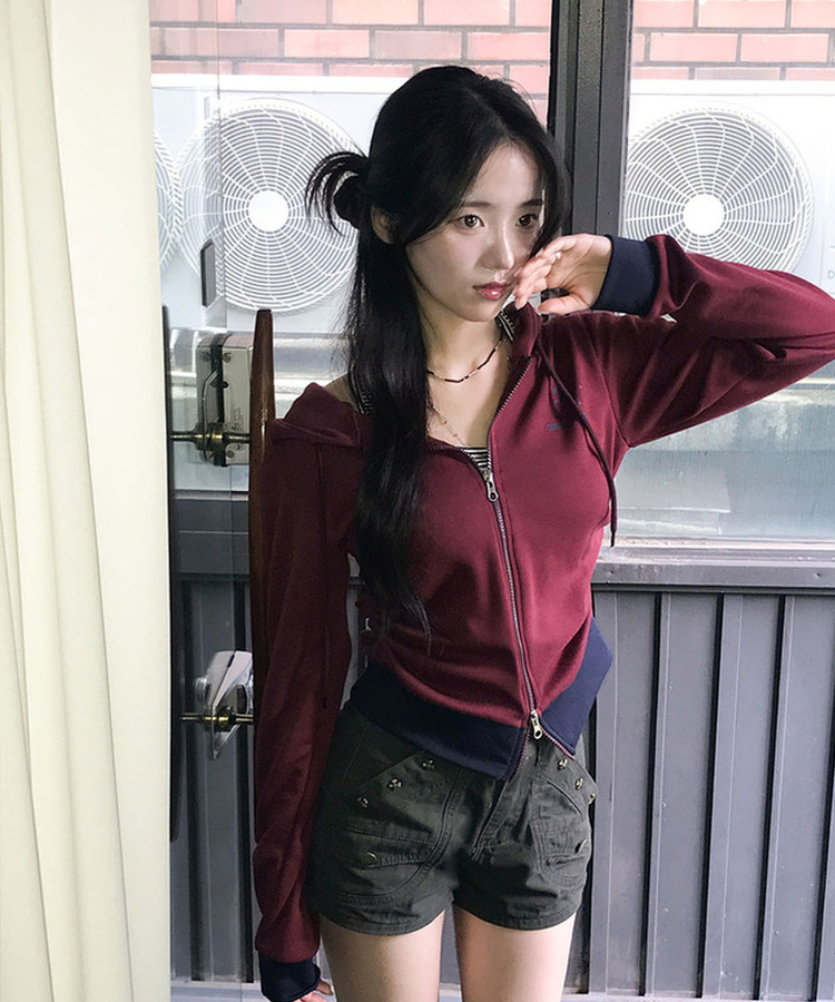 여름후드 로젯 홀스 옆셔링 투웨이지퍼 슬림 배색 후드 집업 다크레드