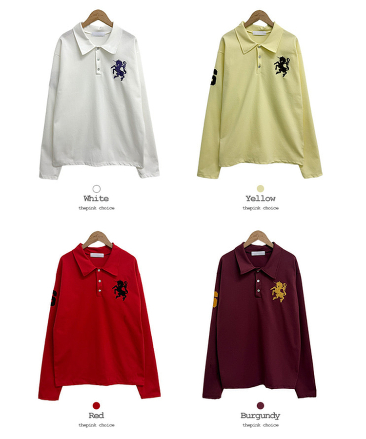 ルーズ刺繍ワッペンカラーネック長袖Tシャツ(9color)