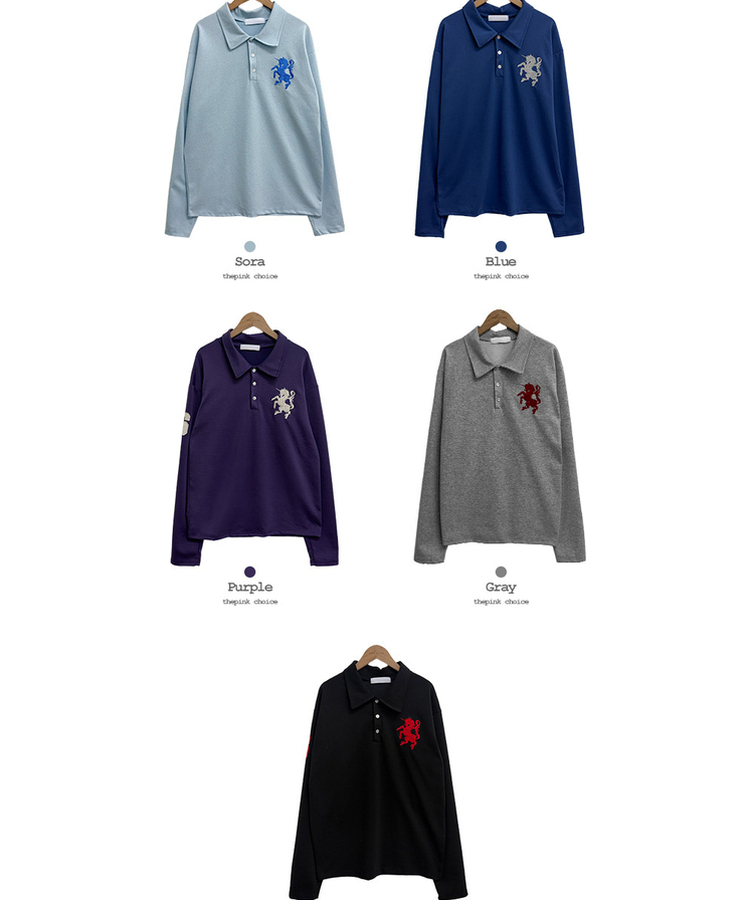 ルーズ刺繍ワッペンカラーネック長袖Tシャツ(9color)