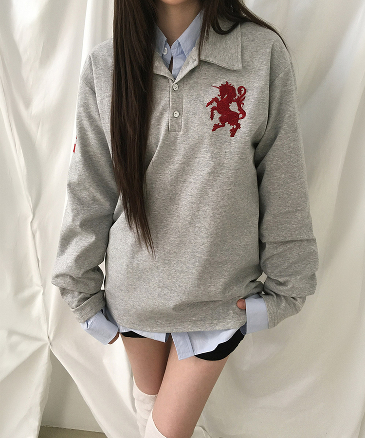 ルーズ刺繍ワッペンカラーネック長袖Tシャツ(9color) GREY