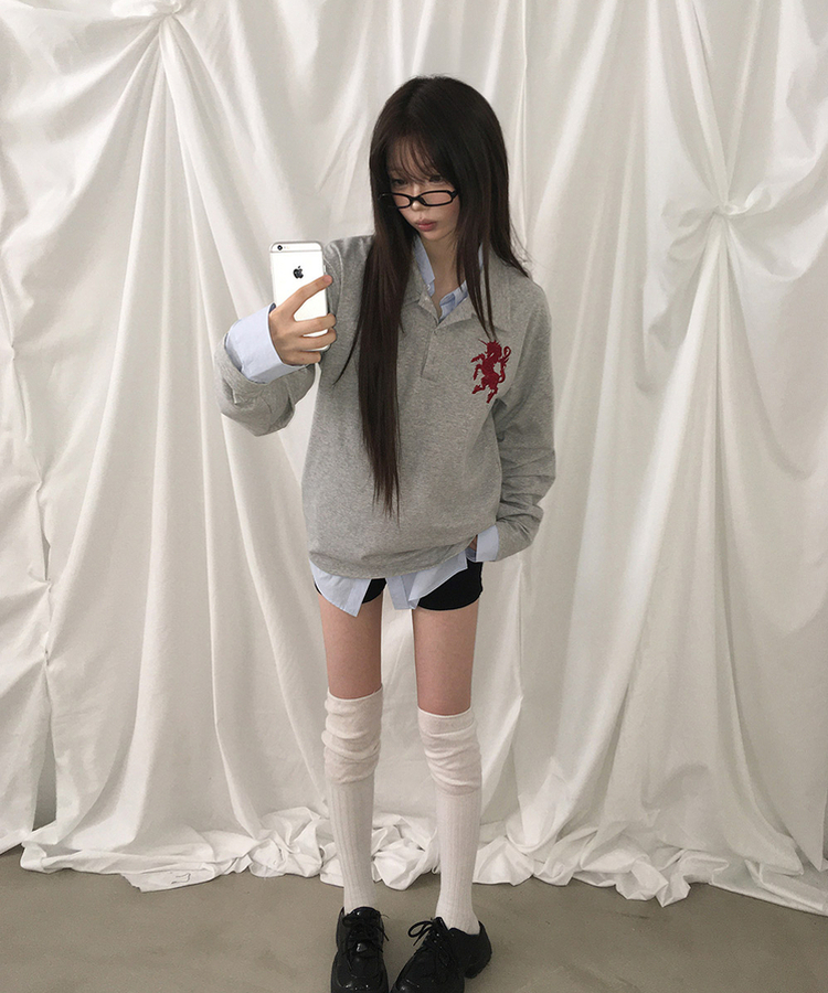ルーズ刺繍ワッペンカラーネック長袖Tシャツ(9color) GREY