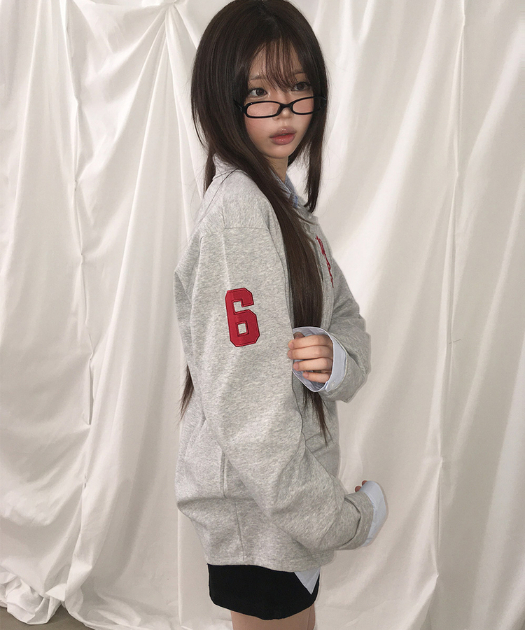 ルーズ刺繍ワッペンカラーネック長袖Tシャツ(9color) GREY