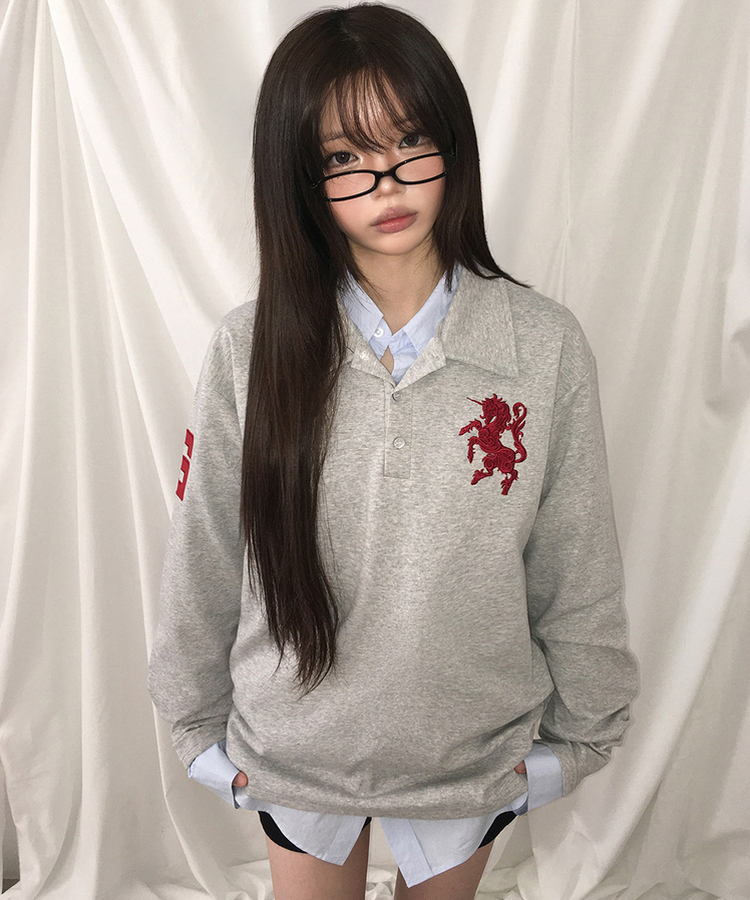 ルーズ刺繍ワッペンカラーネック長袖Tシャツ(9color) GREY
