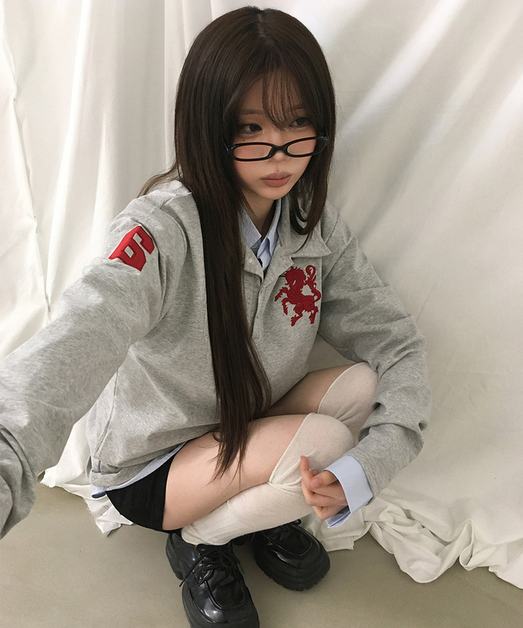 ルーズ刺繍ワッペンカラーネック長袖Tシャツ(9color) GREY