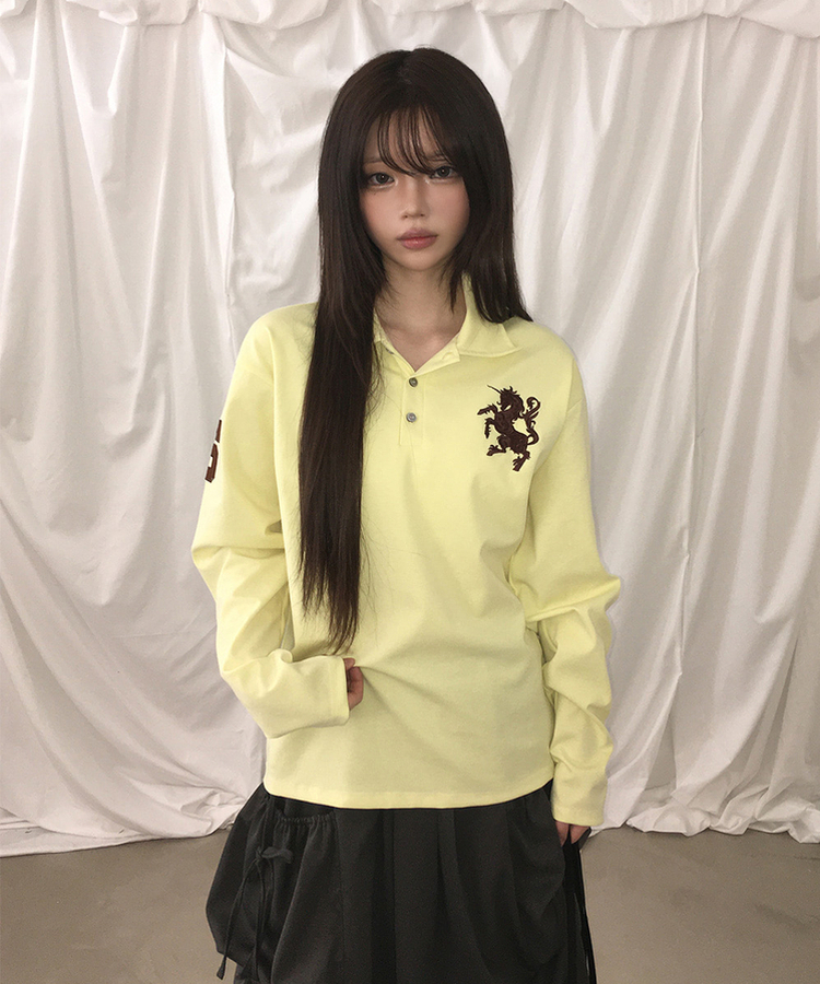 ルーズ刺繍ワッペンカラーネック長袖Tシャツ(9color) YELLOW