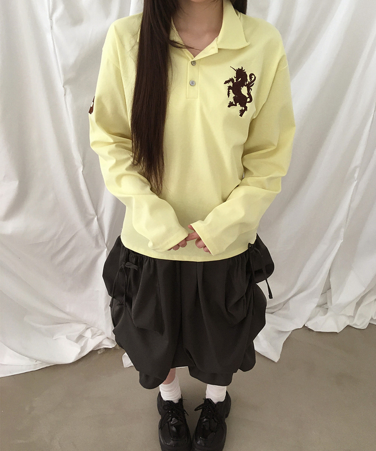 ルーズ刺繍ワッペンカラーネック長袖Tシャツ(9color) YELLOW