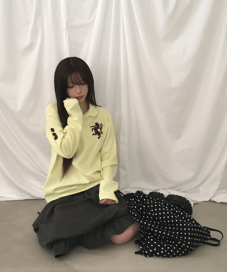 ルーズ刺繍ワッペンカラーネック長袖Tシャツ(9color) YELLOW