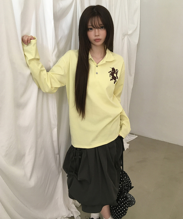 ルーズ刺繍ワッペンカラーネック長袖Tシャツ(9color) YELLOW