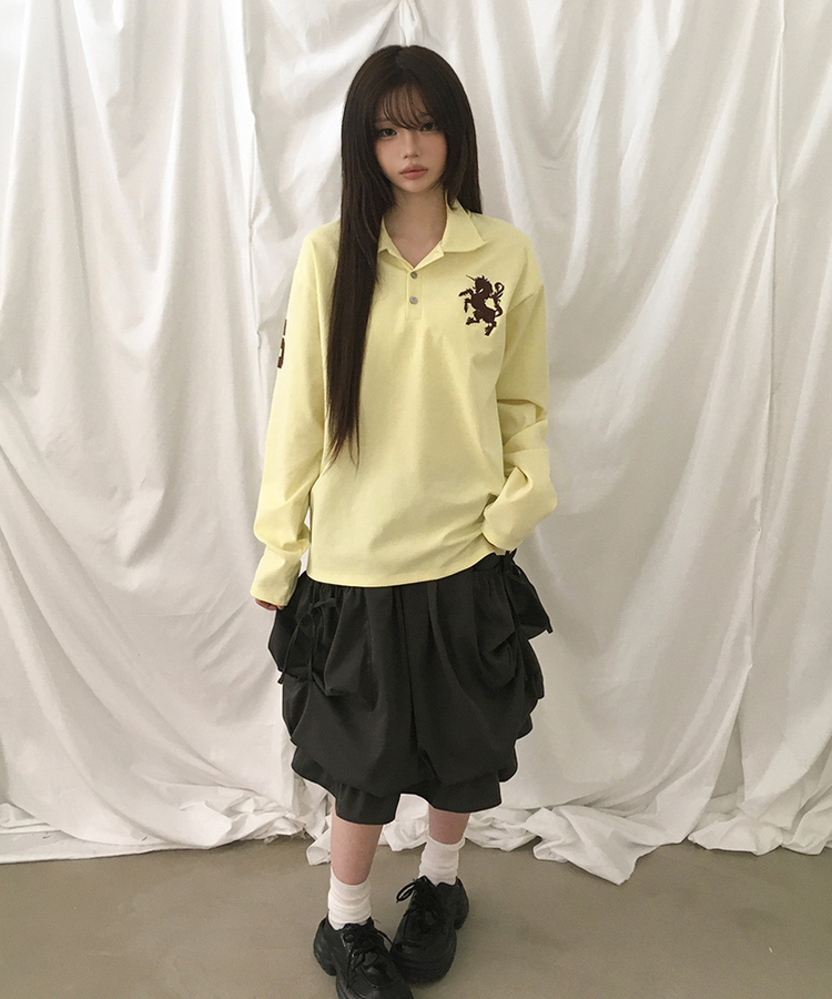 ルーズ刺繍ワッペンカラーネック長袖Tシャツ(9color) YELLOW