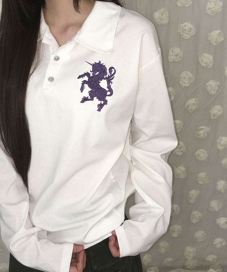 ルーズ刺繍ワッペンカラーネック長袖Tシャツ(9color) WHITE