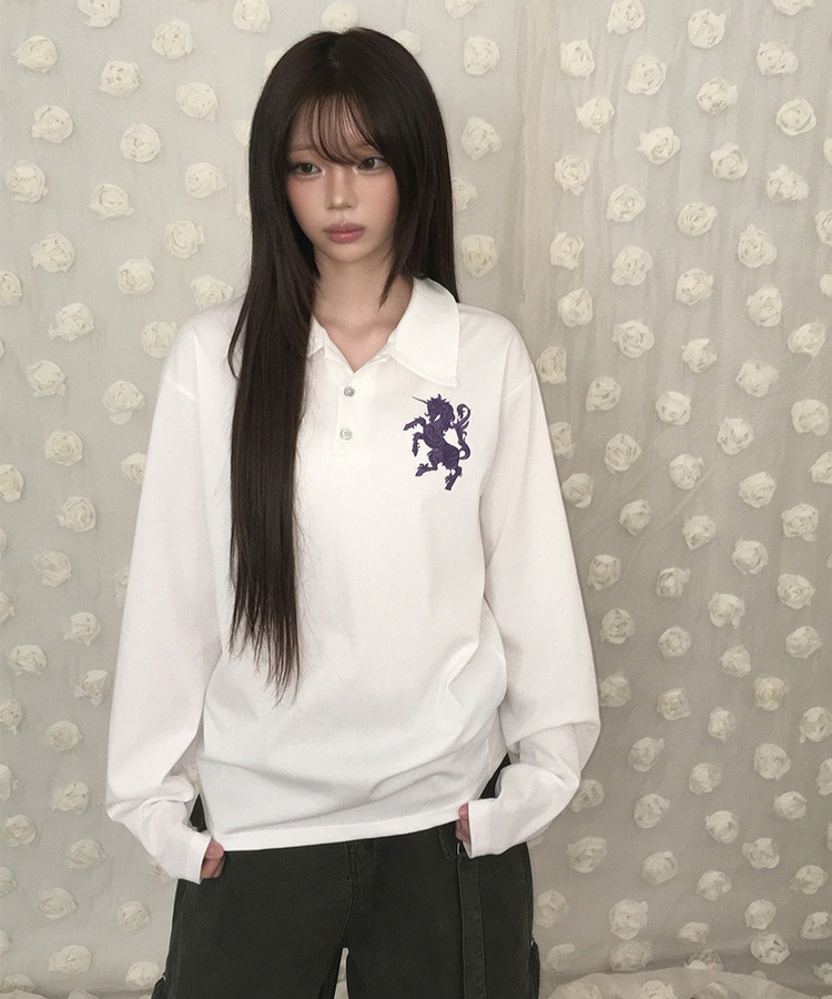 ルーズ刺繍ワッペンカラーネック長袖Tシャツ(9color) WHITE