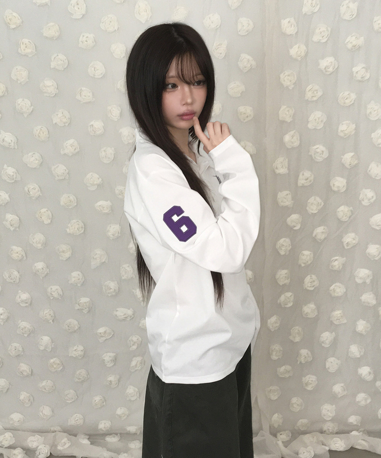 ルーズ刺繍ワッペンカラーネック長袖Tシャツ(9color) WHITE