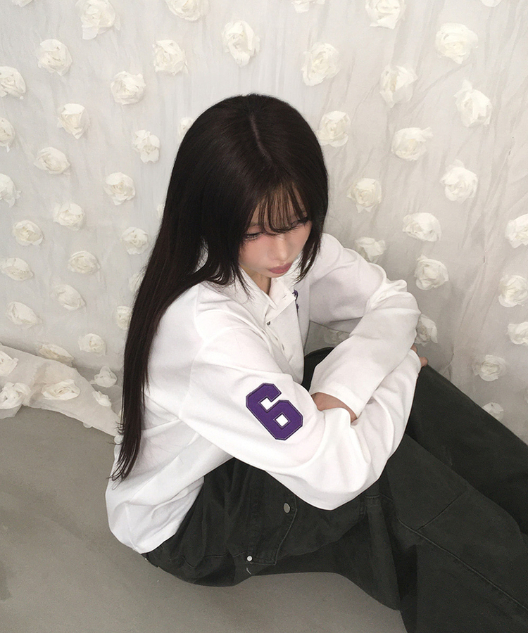 ルーズ刺繍ワッペンカラーネック長袖Tシャツ(9color) WHITE