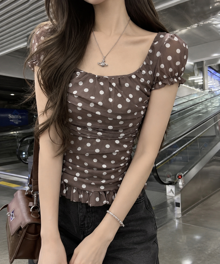 ドットシャーリングノースリーブブラウス BROWN