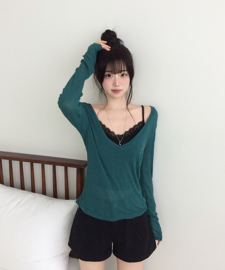 シアーリブディープVネック長袖Tシャツ(5color) DEEP GREEN