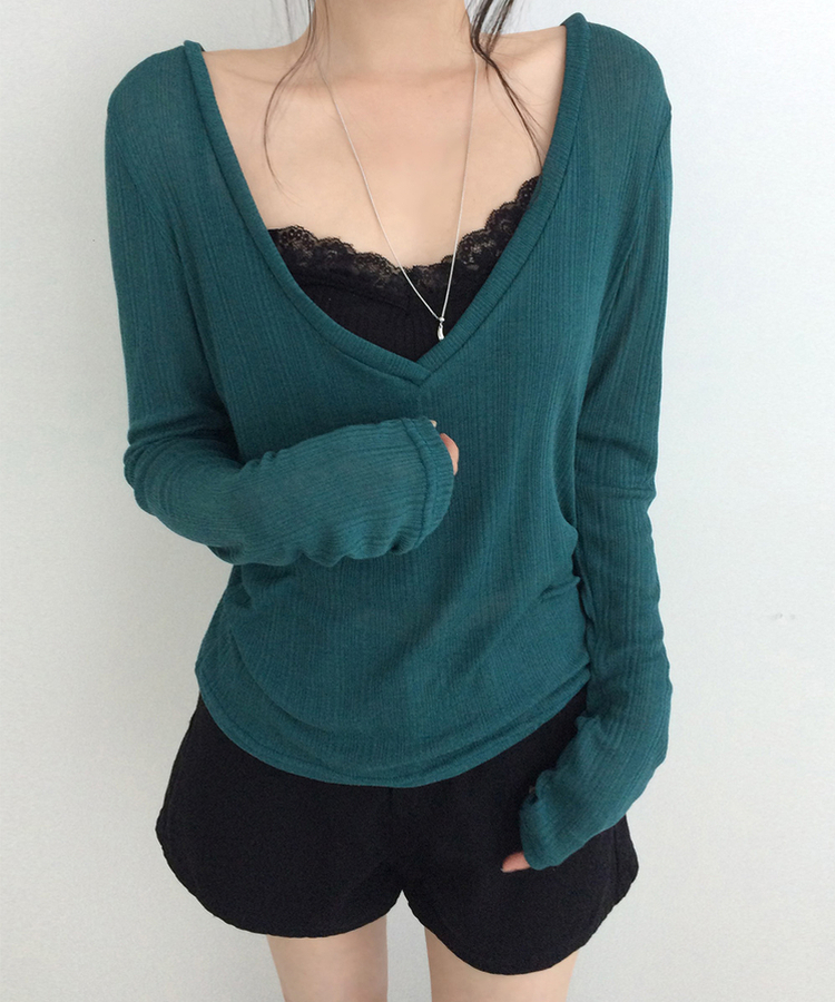 シアーリブディープVネック長袖Tシャツ(5color) DEEP GREEN