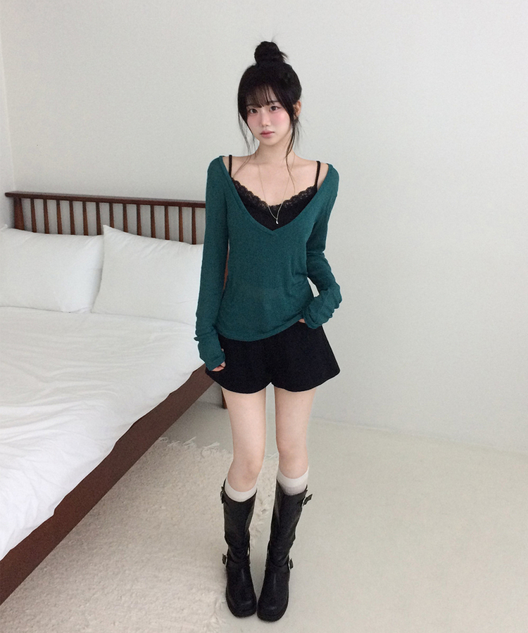 シアーリブディープVネック長袖Tシャツ(5color) DEEP GREEN