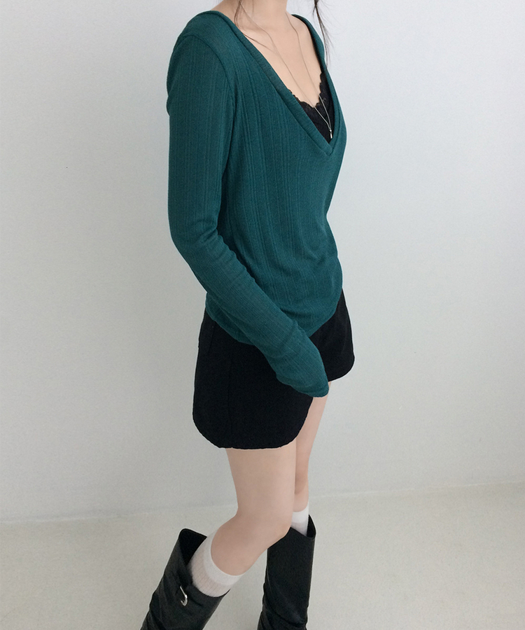 シアーリブディープVネック長袖Tシャツ(5color) DEEP GREEN