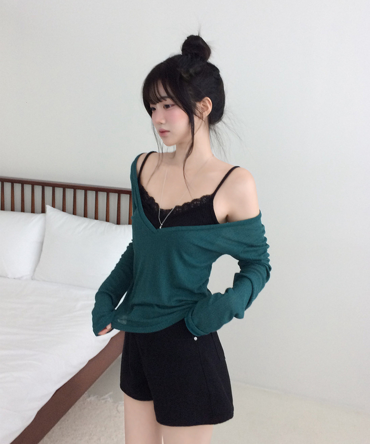 シアーリブディープVネック長袖Tシャツ(5color) DEEP GREEN