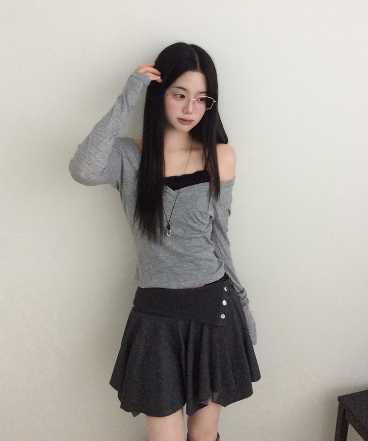 シアーリブディープVネック長袖Tシャツ(5color) MELANGE GRAY