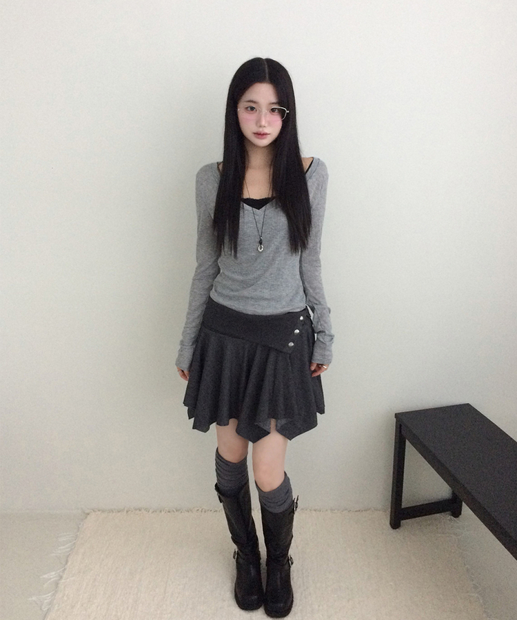 シアーリブディープVネック長袖Tシャツ(5color) MELANGE GRAY