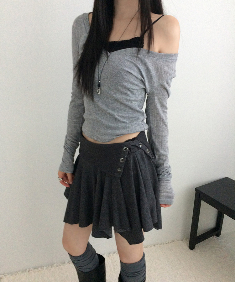 シアーリブディープVネック長袖Tシャツ(5color) MELANGE GRAY