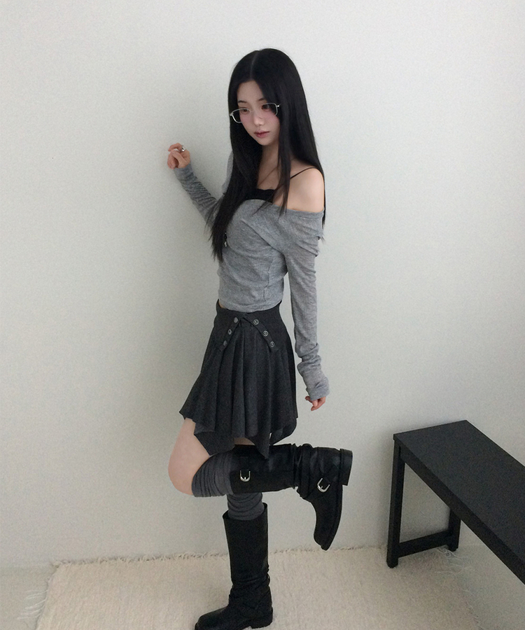 シアーリブディープVネック長袖Tシャツ(5color) MELANGE GRAY