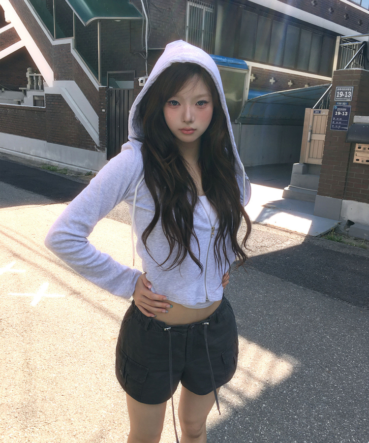 セミスリムジップアップフードトレーナー MELANGE WHITE