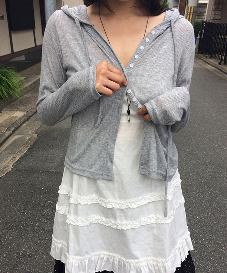 スリムボタンシースルーフードカーディガン GREY