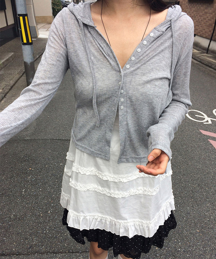 スリムボタンシースルーフードカーディガン GREY
