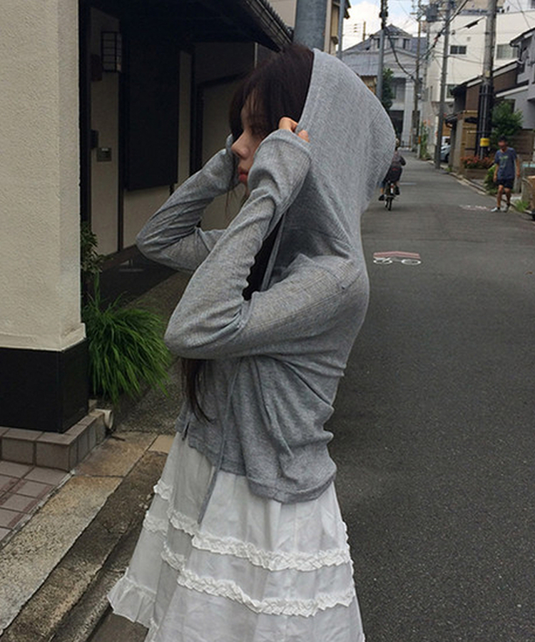 スリムボタンシースルーフードカーディガン GREY