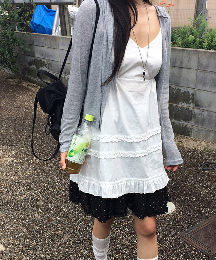 スリムボタンシースルーフードカーディガン GREY