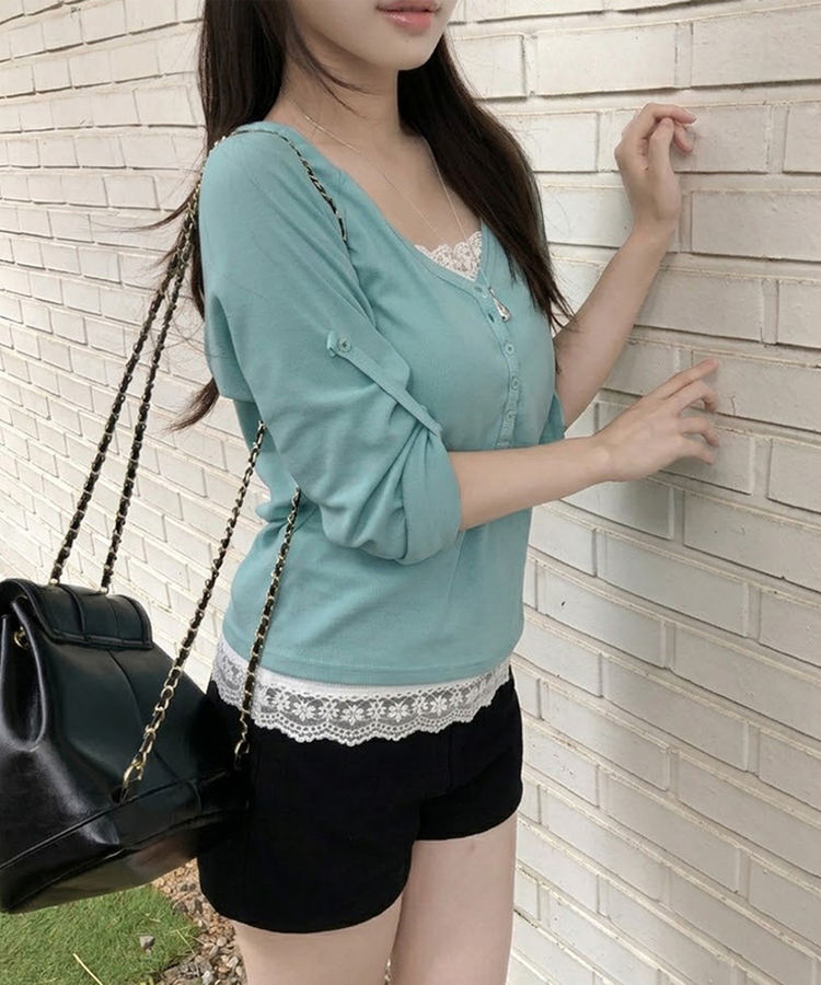 ヘンリーロールアップ七分袖Tシャツ(6color) MINT