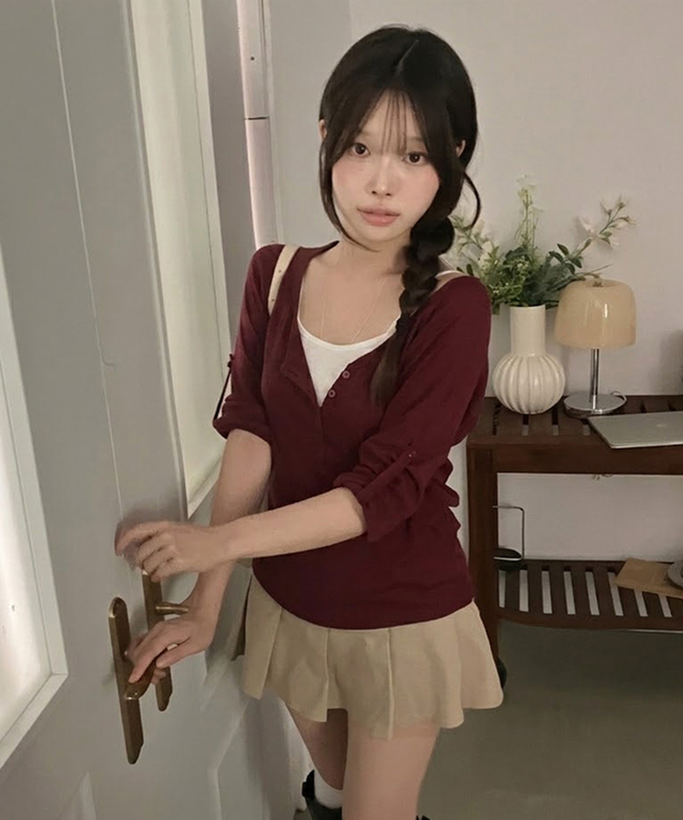 ヘンリーロールアップ七分袖Tシャツ(6color) WINE