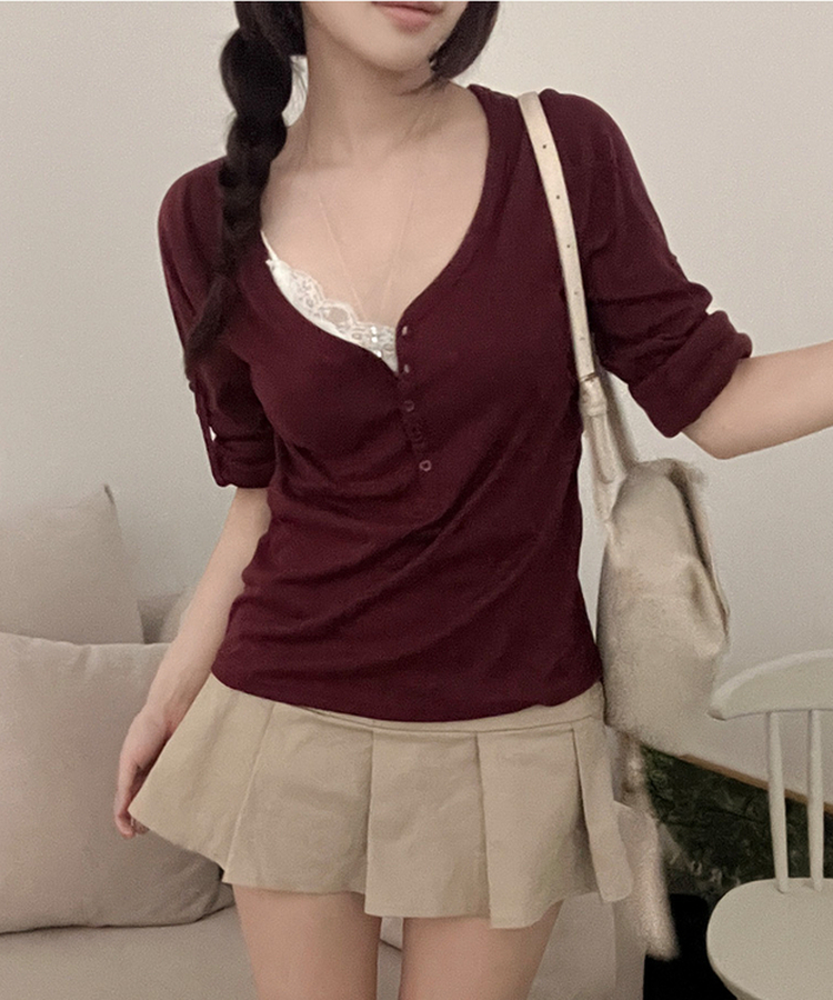 ヘンリーロールアップ七分袖Tシャツ(6color) WINE