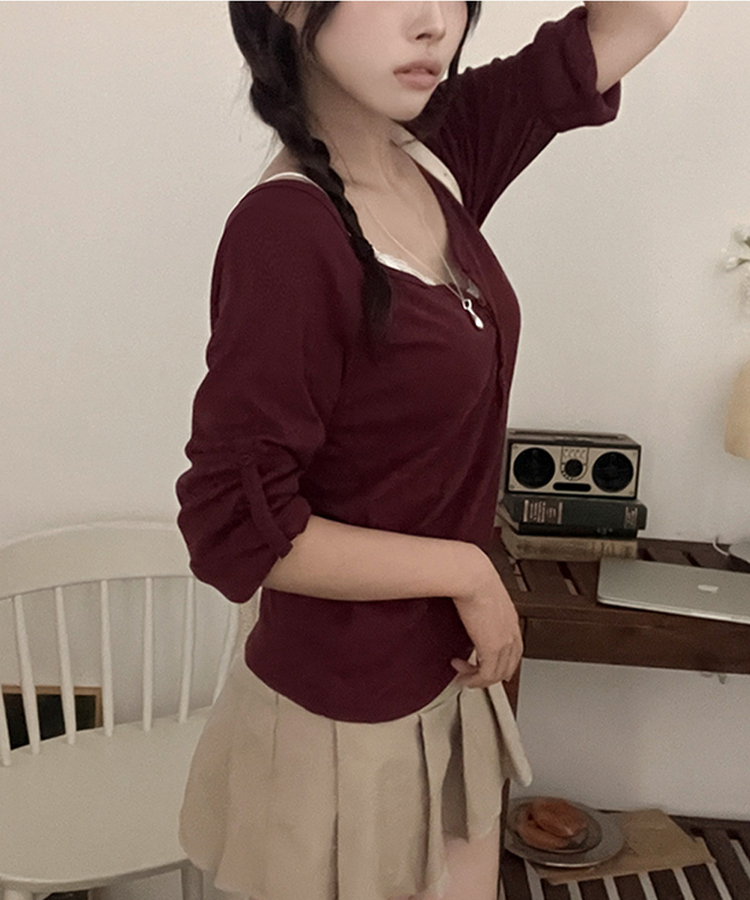 ヘンリーロールアップ七分袖Tシャツ(6color) WINE
