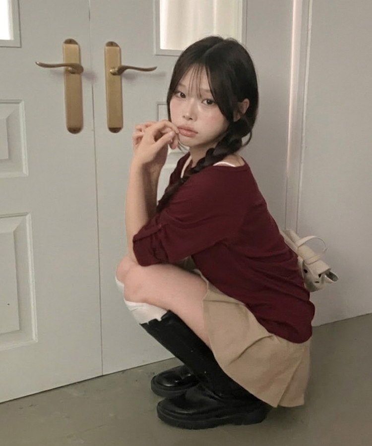ヘンリーロールアップ七分袖Tシャツ(6color) WINE