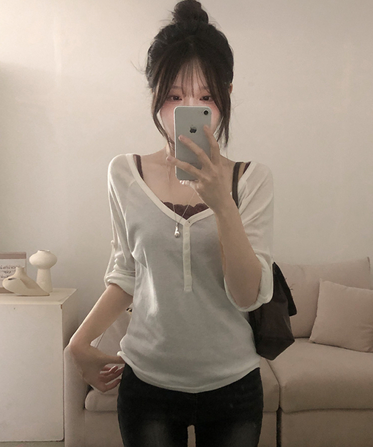 ヘンリーロールアップ七分袖Tシャツ(6color) WHITE